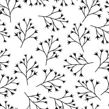 Botanik elementlerle kusursuz vektör deseni. Yapraklı el yapımı dal. Doodle, monokrom. Silüet yerleştir. Şube çizgisi. Çingene eskizi. Beyaz arkaplanda çimenleri okşa.