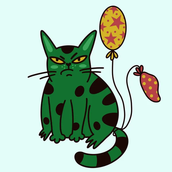 Ícone Vetor Gato Desenho Animado Bonito Gatinho Verde Com Balões —  Vetores de Stock