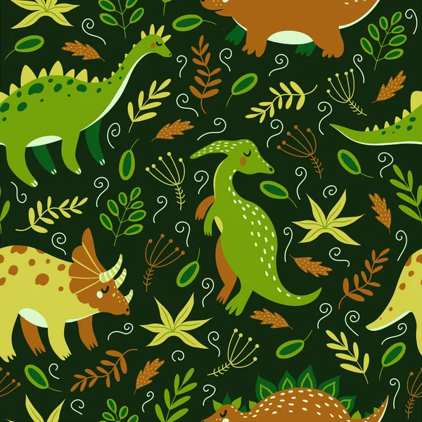 Cute Cartoon Dinosaurs Seamless Vector Pattern Bright Animals Jurassic Period — Stock Vector