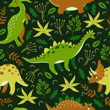 Şirin karikatür dinozorları kusursuz vektör deseni. Parlak renkli sürüngenler, Jurasik yağmur ormanlarının arka planında yürürler ve ot yerler. Elle çizilmiş renkli karalama. Düz biçim.