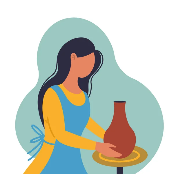 Junges Töpfermädchen Eine Frau Formt Hinter Einer Töpferscheibe Eine Vase — Stockvektor