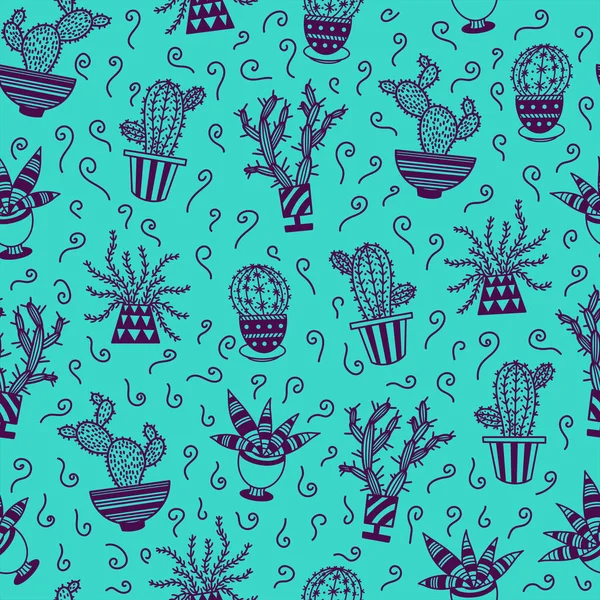 Cute Cartoon Cacti Seamless Vector Pattern Hand Drawn Color Doodle — Vetor de Stock