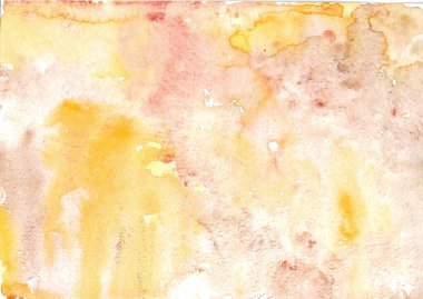 Kahverengi suluboya arka plan. El çizimi arka plan. Sıcak renklerde güzel ve narin bir doku. Su izleri ve sarı soyut damlalar. Yatay illüstrasyon.