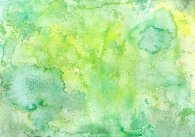 Parlak suluboya yeşil arka plan. El çizimi arka plan. Yaprakların soyut görüntüsü. Renkli yapraklar. Bulanık noktalar ve turkuaz renk damlaları. Raster illüstrasyon, sanatsal boya kaplaması.