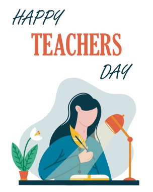 Genç bir öğretmen öğrencilerin ev ödevlerini kontrol eder. Dünya Öğretmenler Günü için vektör illüstrasyonu. Kız bir tencere ve bir lamba içinde bir çiçekle çevrili bir masada oturuyor. Düz stilde şenlikli renk sanatı.