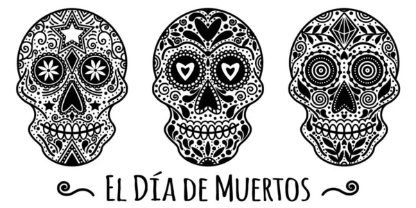 Conjunto Calaveras Azúcar Blanco Con Patrones Abstractos Iconos Vectoriales Dibujados — Vector de stock