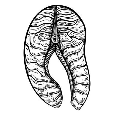 Somon dilimi vektör simgesi. Elle çizilmiş illüstrasyon. Balık fileto oyması. Deniz ürünleri skeci. Restoran, dükkan, market, kafe dekorasyonu ve tasarımı kavramı. Akdeniz mutfağından bir element.