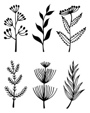 Bitkiler ve çiçek vektör koleksiyonu. El çizimi karalamalar. Yapraklı dallar, cilt bakımı ve tohumlu bitkiler. Kartlar, kırtasiyeler, tekstil dekorasyonu ve tasarımı için tek renkli konsept.