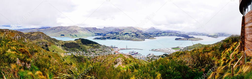 Panoramic view from Mount Cavendish is located in the Port Hills, with views over Christchurch, New Zealand