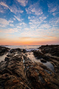 Güney Avustralya, Middleton Sahili 'nde sörfçüyle güzel bir sahil gündoğumu manzarası sersemletici..