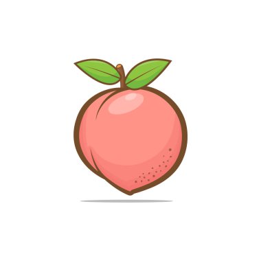 Beyaz arka planda büyük yeşil yapraklı şeftali meyvesi. Tasarım elementleri, logo şablonları, vejetaryen menü dekorasyonu. Düz biçim illüstrasyonu