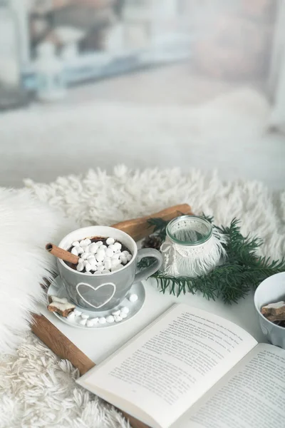 Cup of cocoa, hot chocolate with marshmellows on a tray with book, lantern and fir branch on a sofa or bed with blankets