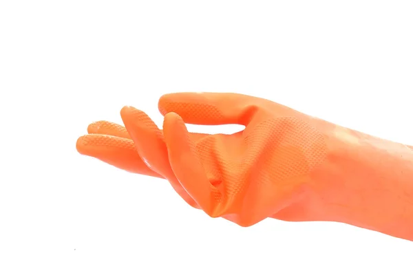 Hand mit orangefarbenem Gummihandschuh isoliert auf weißem Hintergrund — Stockfoto