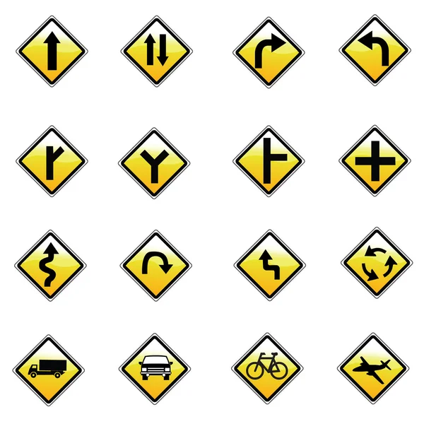 Beyaz arkaplanda sarı yol işaretleri ve trafik işaretleri vektörü — Stok Vektör