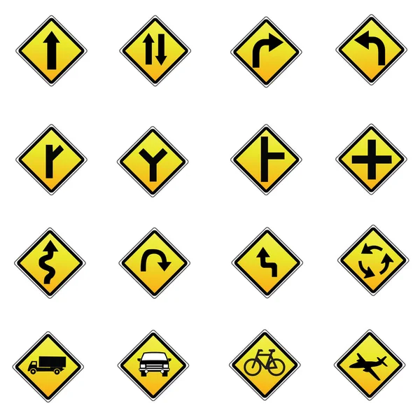 Beyaz arkaplanda sarı yol işaretleri ve trafik işaretleri vektörü — Stok Vektör