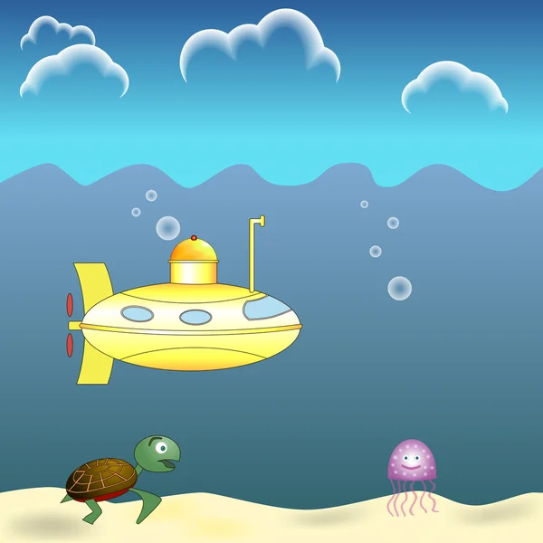 Submarine tutrle and jellyfish — Stock Vector