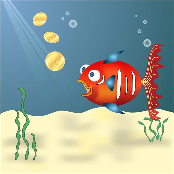 Surprised red fish with gold coins — Stock Vector