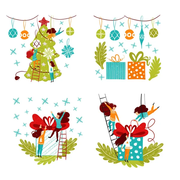 Personajes de gente pequeña decorando árboles de Navidad y regalos. Decoración de año nuevo. Fantasía gente pequeña en gigante mundo plano dibujos animados estilo dibujado a mano vector ilustración — Vector de stock