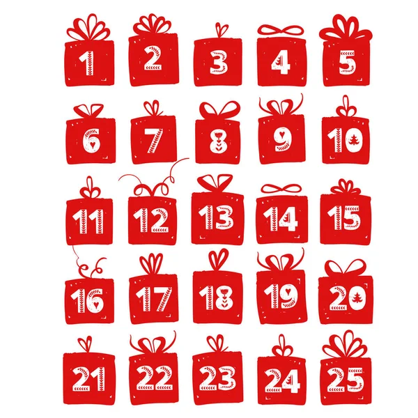 Calendario de Adviento. Tarjetas de celebración navideña para cuenta regresiva. Números en regalos — Vector de stock