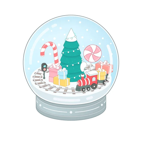 Sneeuwbal met wintertrein, sneeuw, dennenboom en cadeautjes. Magische transparante bal met kerstboom en trein. Nieuwjaar winter speelgoed souvenir. 3d isometrische vectorillustratie — Stockvector