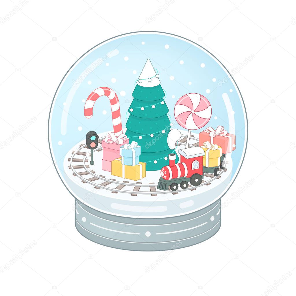 Snowball with winter railway, snowing, fir tree and presents. Magic transparent ball with christmas tree and train. New year winter toy souvenir. 3d isometric vector illustration