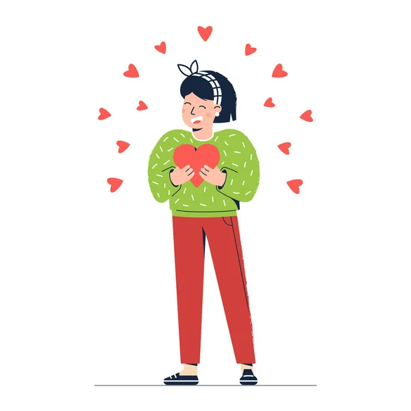 Giovane ragazza tiene un cuore in mano e ride. Concetto di buon San Valentino. Illustrazione delle vacanze per un banner pubblicitario — Vettoriale Stock