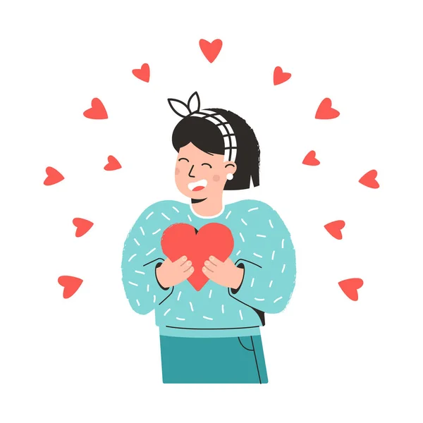 Mladá dívka drží srdce v rukou a směje se. Koncept šťastného Valentýna. Holiday illustration for an advertising web banner — Stockový vektor