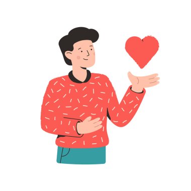 Genç adam elinde bir kalp tutuyor ve gülüyor. Sevgililer Günü 'nüz kutlu olsun. Bir reklam web afişi için tatil illüstrasyonu