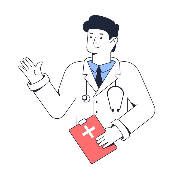 Doktorn står med skrivplattan i handen. Människans läkarporträtt med pekande gest. Linje vektor illustration isolerad på vit bakgrund — Stock vektor
