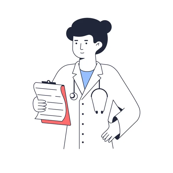 Doktorn står med skrivplattan i handen. Kvinnlig läkarporträtt. Linje vektor illustration isolerad på vit bakgrund — Stock vektor