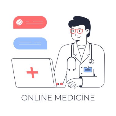 Doktor hastaya video bağlantısı üzerinden danışmanlık yapıyor. İnternetteki klinik konsepti web pankartı. Çizgi vektör çizimi beyaz arkaplanda izole edildi