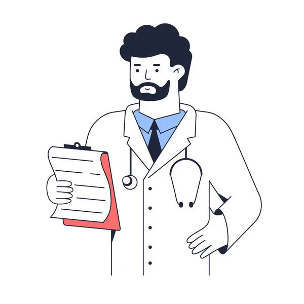 Doktorn står med skrivplattan i handen. Ett läkarporträtt. Linje vektor illustration isolerad på vit bakgrund — Stock vektor