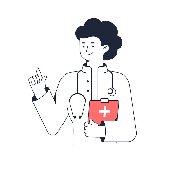 Le docteur se tient debout avec un presse-papiers à la main. Portrait de femme médecin avec geste pointu. Illustration vectorielle de ligne isolée sur fond blanc — Image vectorielle