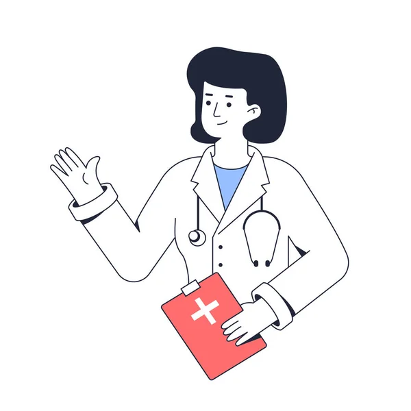 Doktorn står med skrivplattan i handen. Kvinnlig läkare porträtt med pekande gest. Linje vektor illustration isolerad på vit bakgrund — Stock vektor