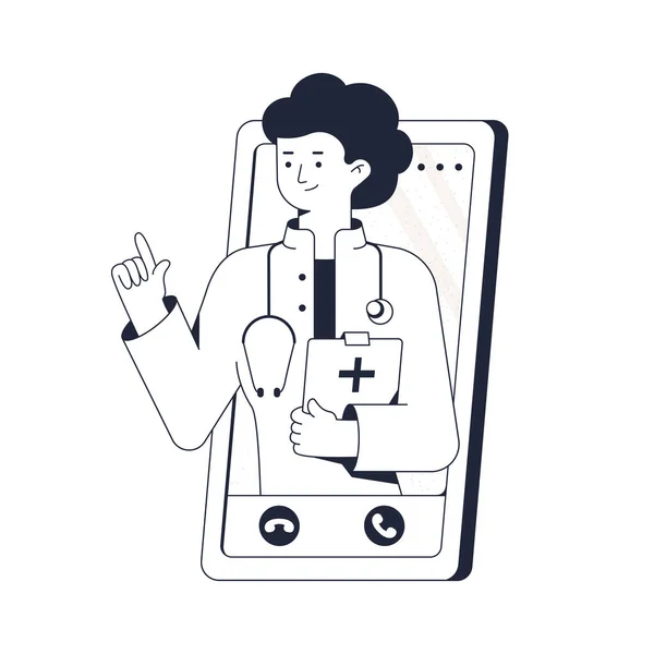 Doctor consults patient by via video link. Telephone consultation. Woman medical worker portrait with pointing gesture. Online clinic concept web banner. Line black and white vector illustration — Stock Vector