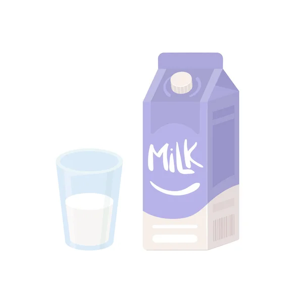 Γάλα σε κουτί και ένα ποτήρι γάλα. Έννοια προετοιμασίας πρωινού — Διανυσματικό Αρχείο