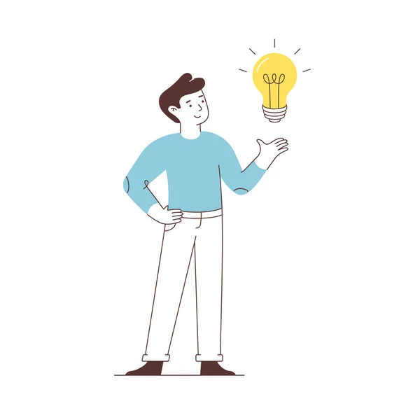 Man points a light bulb. Isolated on white background. New, creative or innovation idea. Vector flat illustration. Symbol of creativity, creative idea, mind, thinking — Stock Vector