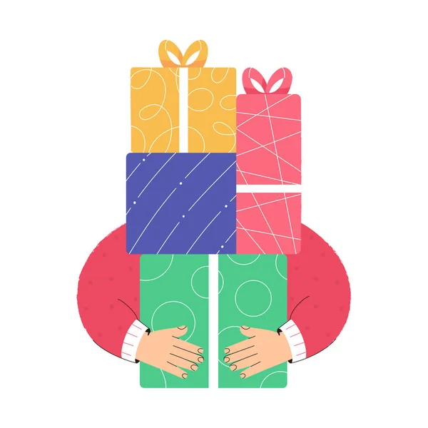 Mains tenant beaucoup de boîtes-cadeaux de Noël. Le concept de félicitations pour les vacances d'hiver. Publicité bannière web pour Noël — Image vectorielle