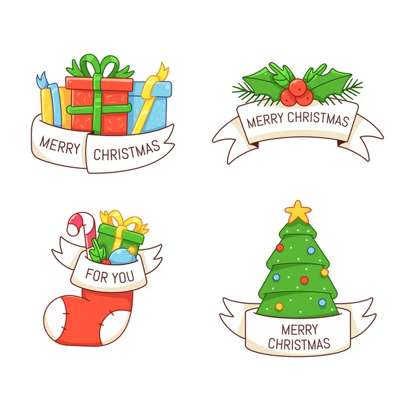 Świąteczne etykietki symbole zimowych świąt czarownic: prezenty, choinka, święte gałęzie, świąteczne skarpetki. Talerz ze wstążką i tytułem. Jasny styl kreskówki — Wektor stockowy