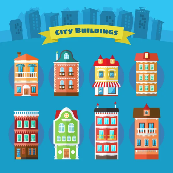 Conjunto de Vector Cidade e Edifícios da Cidade — Vetor de Stock