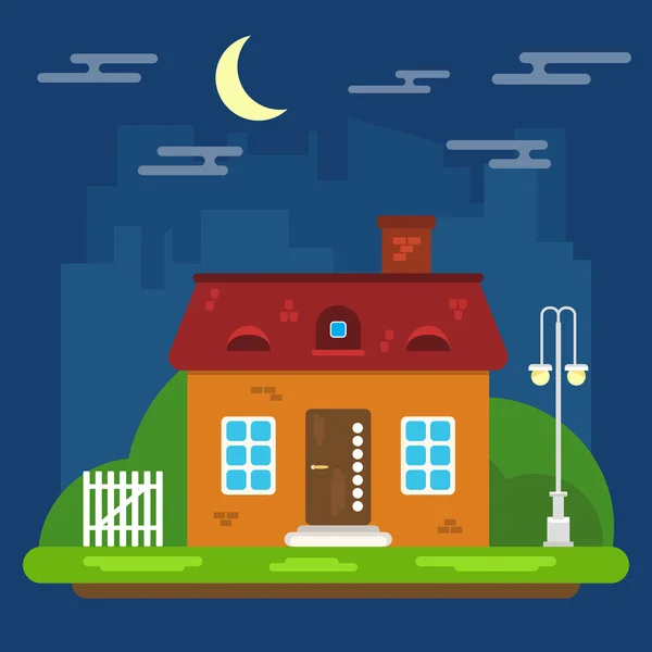 Διάνυσμα καλοκαιρινή νύχτα τοπίο με σπίτι σε μια επίπεδη σχεδίαση — Διανυσματικό Αρχείο