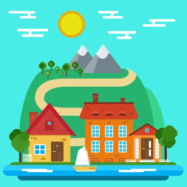 Vector Summer Landscape with House in a Flat Design — Stock Vector