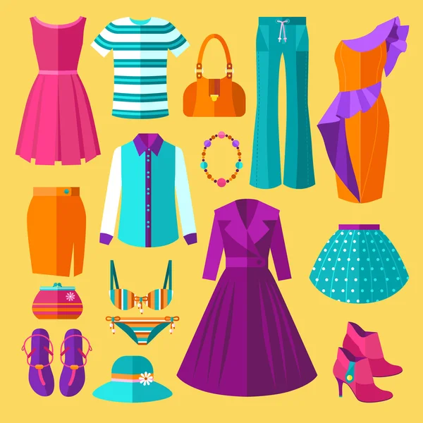Conjunto plano de iconos de ropa de mujer con vestido y accesorios — Vector de stock