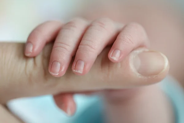 Primer plano de un dedo recién nacido tocando la mano de las madres — Foto de Stock