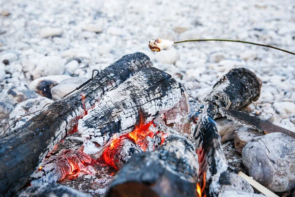Marshmallows sticked on a twig, being toasted — Stock Photo, Image