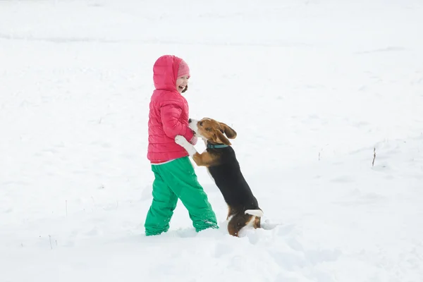 Küçük kız köpeğini karlı bir manzara ile oynarken — Stok fotoğraf