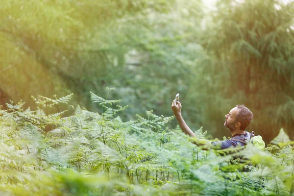 Géocaching dans la forêt ensoleillée — Photo