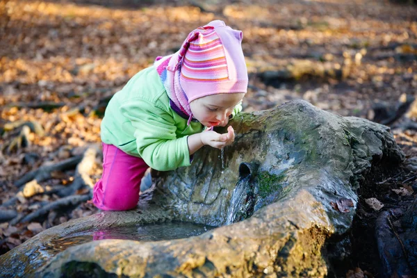 Thirsty girl drinking spring water — Stock Photo, Image