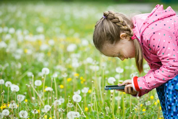 Kleines Mädchen erkundet die Natur mit dem Smartphone — Stockfoto