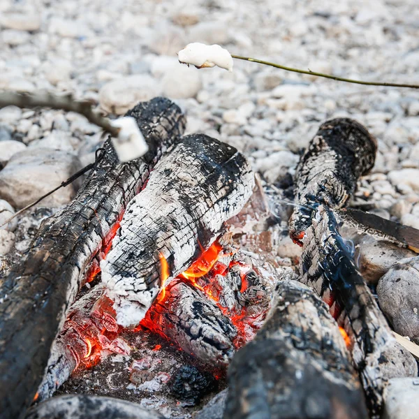 Marshmallows sticked on a twig, being toasted — Stock Photo, Image